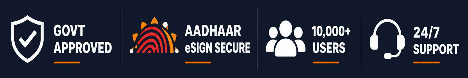 GOVT APPROVED · AADHAAR eSIGN SECURE · 10,000+ USERS · 24/7 SUPPORT
